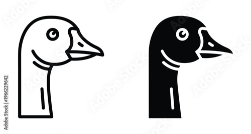 Goose head icon set featuring minimalist line art and solid black silhouette designs for waterfowl bird profile branding and logos