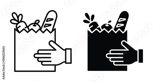 Hand holding paper grocery bag with fresh vegetables fruit and bread loaf icon set for shopping delivery and retail service