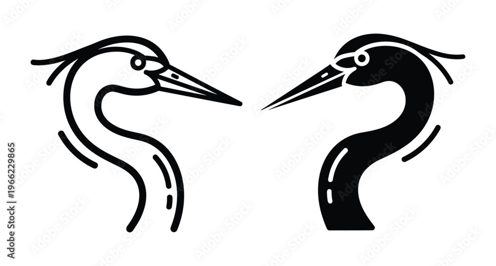 Fototapeta premium Minimalist heron head vector icons featuring black and white crane silhouettes with long beaks and curved necks for nature logos