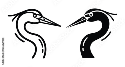 Minimalist heron head vector icons featuring black and white crane silhouettes with long beaks and curved necks for nature logos