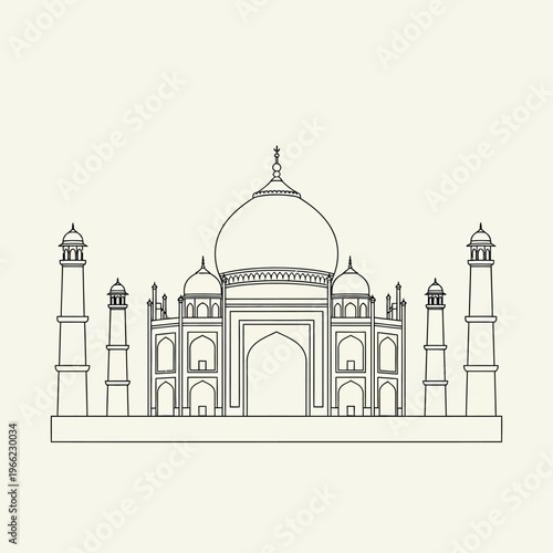 Taj Mahal monument outline drawing in white and beige.