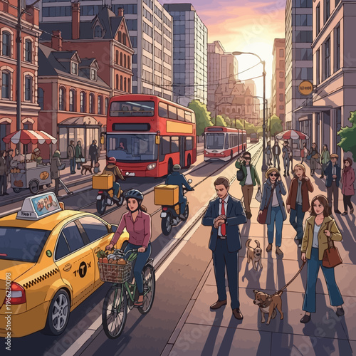 A man in a suit standing on a city sidewalk, holding a drink and looking at his phone, with a dog by his side.