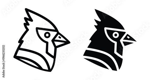 Cardinal bird head mascot logo icon set with minimalist geometric line art and solid black silhouette profile for sports team