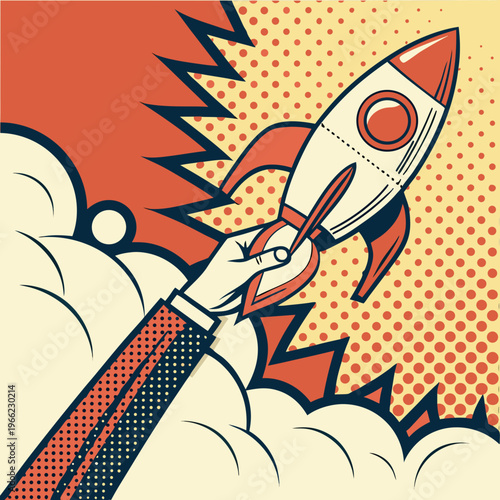 Startup Launch Concept. Retro poster in halftone style with hand holding rocket. Creative idea for new business and project implementation. Abstract vector illustration in pop art .