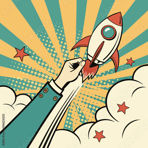 Startup Launch Concept. Retro poster in halftone style with hand holding rocket. Creative idea for new business and project implementation. Abstract vector illustration in pop art .