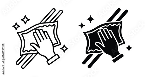 Hand wiping surface with cloth cleaning icon set for hygiene sanitation housework maintenance polishing service chores housekeeping tidy sparkle shine