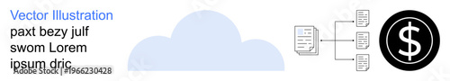 Cloud computing, data storage, financial technology, file sharing, digital services, online transactions. Cloud icon with connected files and dollar symbol. Cloud computing and financial technology