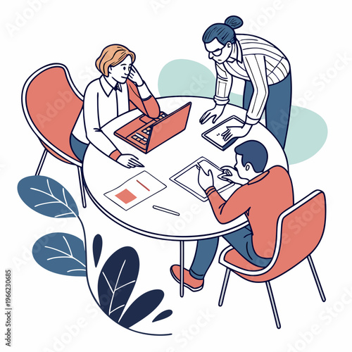 Business Planning. Poster with office workers or entrepreneurs sitting at round table and discussing project at business conference or meeting. Developing Success Strategy. Flat vector .