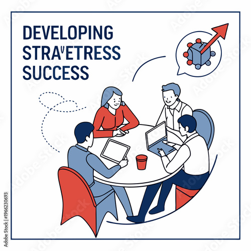 Business Planning. Poster with office workers or entrepreneurs sitting at round table and discussing project at business conference or meeting. Developing Success Strategy. Flat vector .