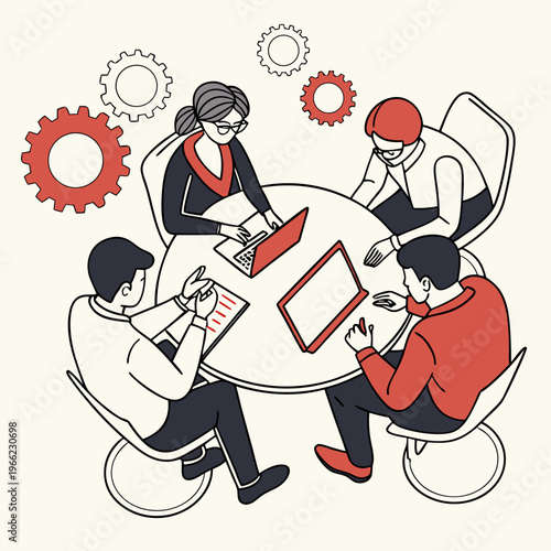 Business Planning. Poster with office workers or entrepreneurs sitting at round table and discussing project at business conference or meeting. Developing Success Strategy. Flat vector .