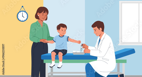 Doctor vaccinates child on examination table
