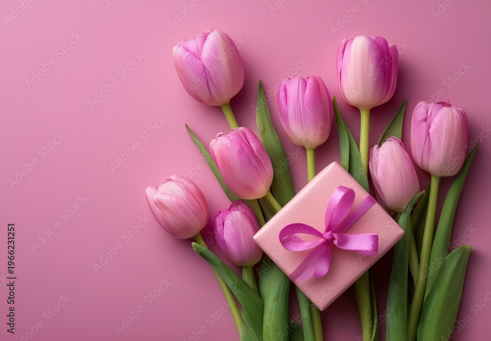 Fototapeta premium Beautiful pink tulips arranged artfully with a matching small gift box featuring a satin ribbon