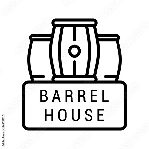 Barrel house icon. Food and brewery line symbol. Black and white.