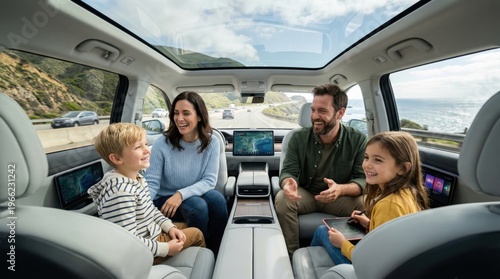 Happy family traveling in autonomous electric car with panoramic roof, parents and children in self-driving vehicle interior, modern smart car road trip