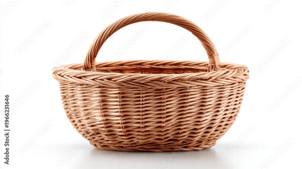 Obraz premium Wicker basket with a handle on a white background.