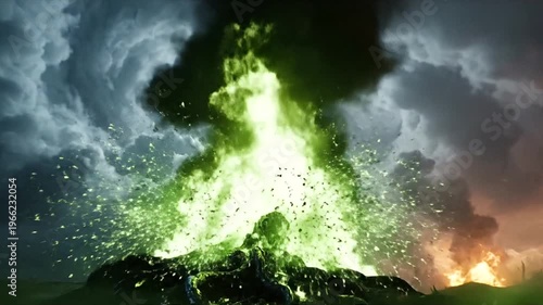 Volcanic eruption with lava and smoke.