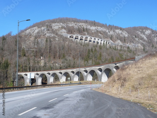 Morez, France - February 15, 2025. A view of two old bridges in the Jura mountains. 