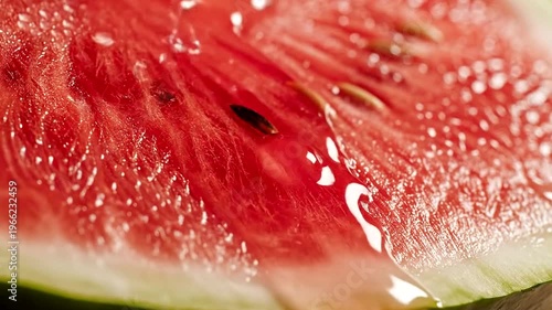Watermelon slice with water droplets falling.