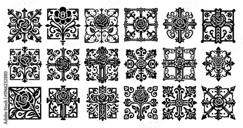 Decorative rose cross ornaments set, vintage gothic floral tile patterns, heraldic rose symbols black and white vector