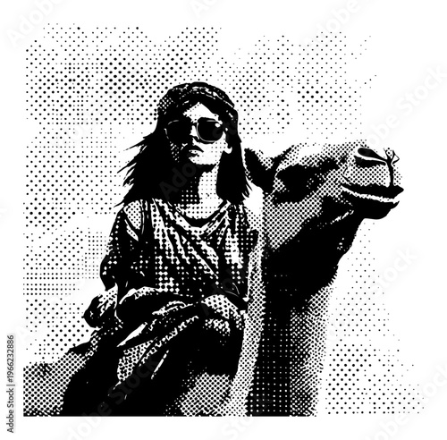 Desert traveler woman with camel halftone illustration, retro pop art style nomadic girl with sunglasses vector