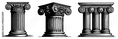 Classical Greek column silhouettes set, Roman architecture ionic pillars engraving, historic marble column vector illustration