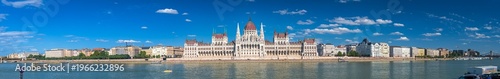 Panoramic view on the Hungarian Parliament Building (Országház) with Danube river in Budapest, Hungary