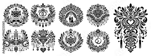 Elaborate wedding decorative ornaments set, romantic floral wreaths and damask patterns, victorian celebration design elements vector
