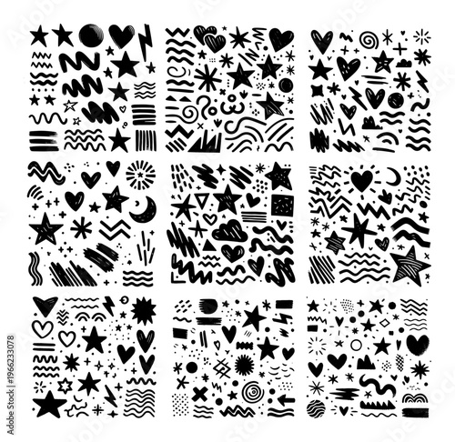 Doodle elements collection set, hand drawn stars hearts and sparkles icons, bullet journal planner design elements vector