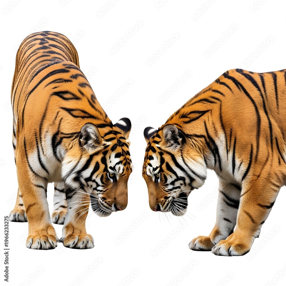 Obraz premium Two majestic tigers face each other in a striking pose, showcasing their power and grace. Their distinct orange and black stripes are clearly visible