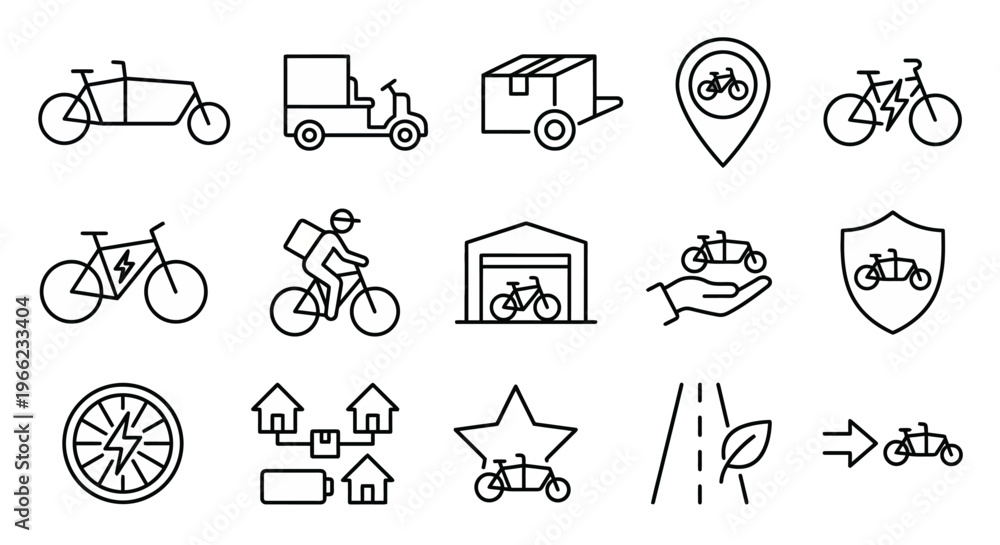 Fototapeta premium Web icons de micromobilidade de carga e logística de bairro em estilo line art. Símbolos de cargo-bikes, hubs locais e entregas zero emissões. Ultra-minimalistas para apps de delivery, smart city dash