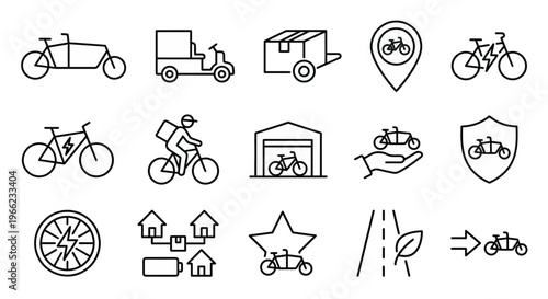 Web icons de micromobilidade de carga e logística de bairro em estilo line art. Símbolos de cargo-bikes, hubs locais e entregas zero emissões. Ultra-minimalistas para apps de delivery, smart city dash