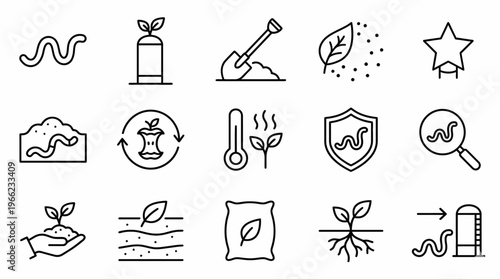 Web icons de compostagem industrial e vermicultura em estilo line art. Símbolos de gestão de resíduos orgânicos, produção de húmus e fertilidade do solo. Ultra-minimalistas para agritech, relatórios d