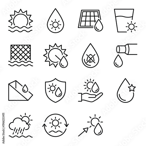Web icons de desalinização solar e purificação de água em estilo line art. Símbolos de tecnologia de água limpa, filtros solares e dessalinização sustentável. Ultra-minimalistas para dashboards de ges