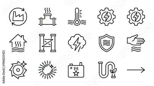 Web icons de recuperação de calor residual e industrial em estilo line art. Símbolos de troca térmica, eficiência energética e fábricas limpas. Ultra-minimalistas para dashboards industriais, apps de 