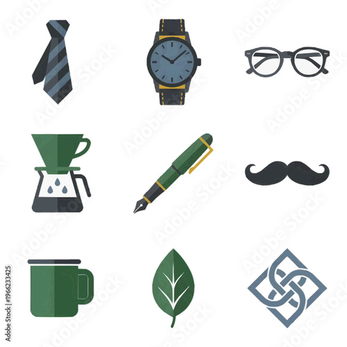 北欧風の洗練された父の日アイコン9種セット 白背景に孤立したミニマルなネクタイとライフスタイルのイラスト 父の日のデザインに最適な高品質素材