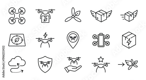 Web icons de logística de drone e entregas verdes em estilo line art. Coleção de transporte aéreo sustentável, drones de entrega e logística zero emissões. Símbolos ultra-minimalistas para apps de del