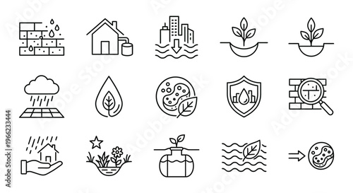 Web icons de cidades-esponja e resiliência urbana em estilo line art. Coleção de pavimentos permeáveis, jardins de chuva e drenagem natural. Símbolos ultra-minimalistas para planejamento urbano, apps 