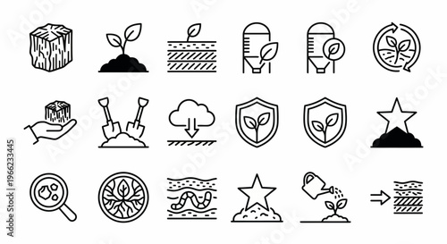 Web icons de biochar e sequestro de carbono no solo em estilo line art. Símbolos de agricultura regenerativa, carvão vegetal e biologia do solo. Ultra-minimalistas para agritech, relatórios de restaur