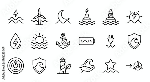 Web icons de energia das ondas e marés em estilo line art. Símbolos de turbinas subaquáticas, energia azul e renováveis marinhos. Ultra-minimalistas para plataformas de energia oceânica, dashboards de