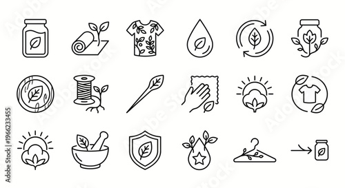 Web icons de moda regenerativa e tingimento natural em estilo line art. Símbolos de têxteis botânicos, fibras orgânicas e pigmentos naturais. Ultra-minimalistas para e-commerce de moda ética, workshop