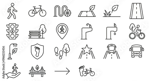 Web icons de mobilidade ativa e micro-infraestrutura em estilo line art. Símbolos de cidades caminháveis, segurança de pedestres e infraestrutura para ciclistas. Ultra-minimalistas para apps de smart 