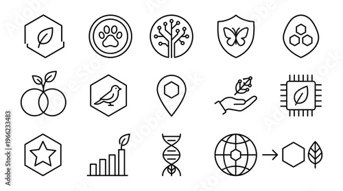 Web icons de créditos de biodiversidade e tokens de natureza em estilo line art. Símbolos de ativos digitais de conservação, eco-fintech e soluções baseadas na natureza. Ultra-minimalistas para plataf