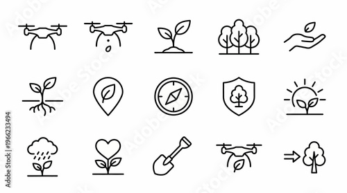 Web icons de reflorestamento e drones de semeadura em estilo line art. Coleção de restauração florestal, biodiversidade e reflorestamento aéreo. Símbolos ultra-minimalistas para ONGs, apps de conserva