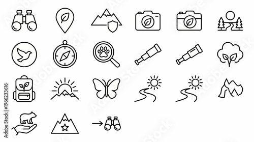 Web icons de turismo de conservação e refúgios de vida selvagem em estilo line art. Coleção de áreas protegidas, observação da natureza e eco-turismo. Símbolos ultra-minimalistas para apps de parques 
