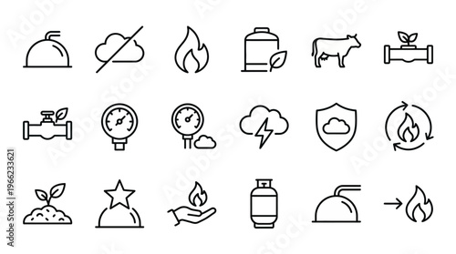 Web icons de gestão de metano e biodigestores em estilo line art. Coleção de biogás, redução de emissões agrícolas e energia renovável. Símbolos ultra-minimalistas para agritech, relatórios de sustent