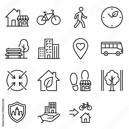 Web icons de cidades de 15 minutos e urbanismo sustentável em estilo line art. Coleção de bairros caminháveis, proximidade urbana e planejamento de cidades verdes. Símbolos ultra-minimalistas para app