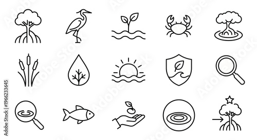 Web icons de restauração de manguezais e zonas úmidas em estilo line art. Coleção de carbono azul, conservação costeira e ecossistemas marinhos. Símbolos ultra-minimalistas para ONGs ambientais, apps 