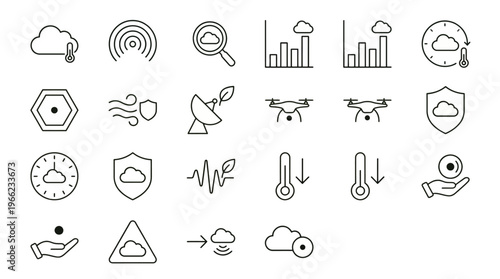 Web icons de monitoramento de emissões e sensores em estilo line art. Coleção de rastreamento de CO2, qualidade do ar e dados climáticos. Símbolos ultra-minimalistas para plataformas de monitoramento,
