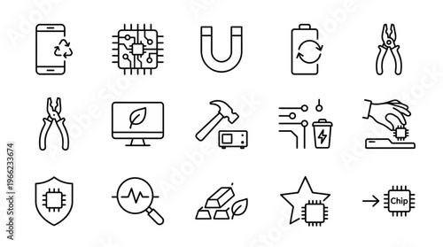 Web icons de mineração urbana e reciclagem de eletrônicos em estilo line art. Coleção de recuperação de metais raros, e-waste e tecnologia circular. Símbolos ultra-minimalistas para apps de reciclagem