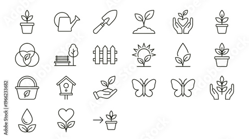Web icons de jardinagem urbana e vida sustentável em estilo line art. Coleção de hortas comunitárias, city farming e urbanismo verde. Símbolos ultra-minimalistas para apps de cidades verdes, dashboard